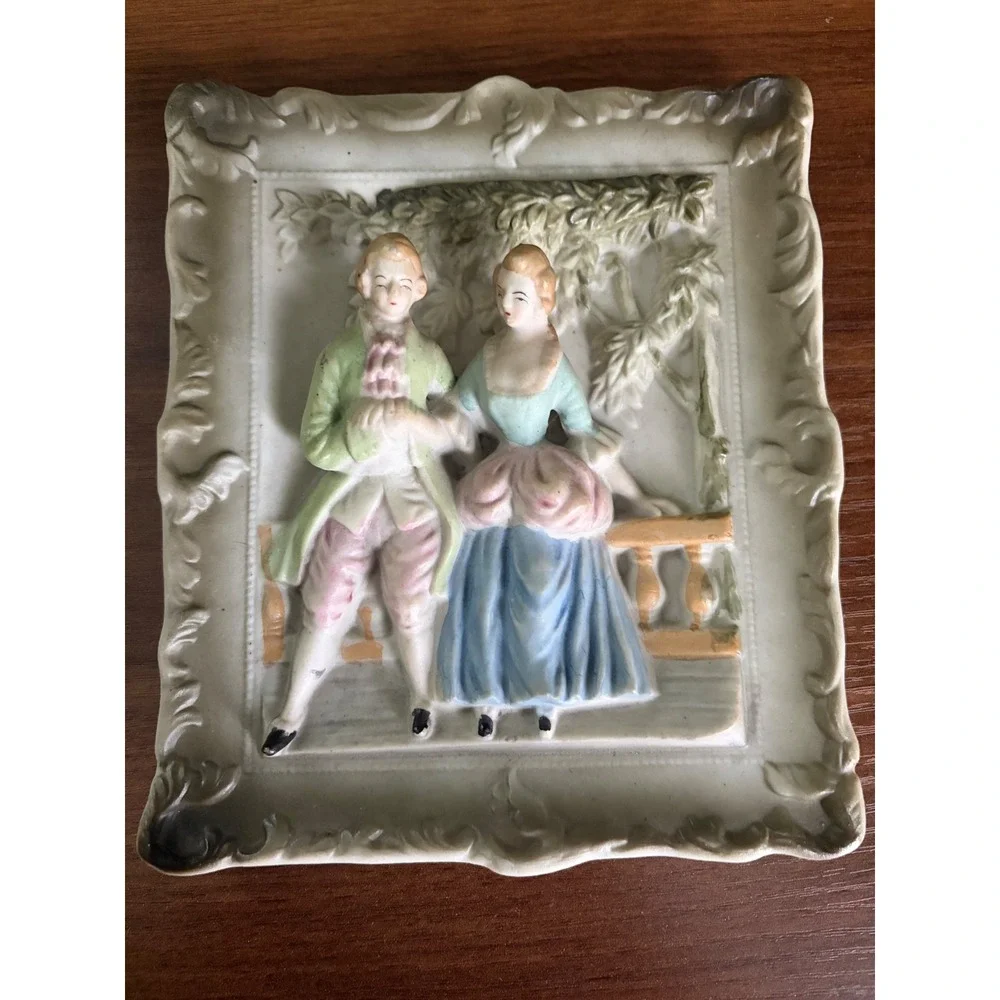 Vintage Bisque Porcelain Courting Couple Plaque, 3D Wall Decor
